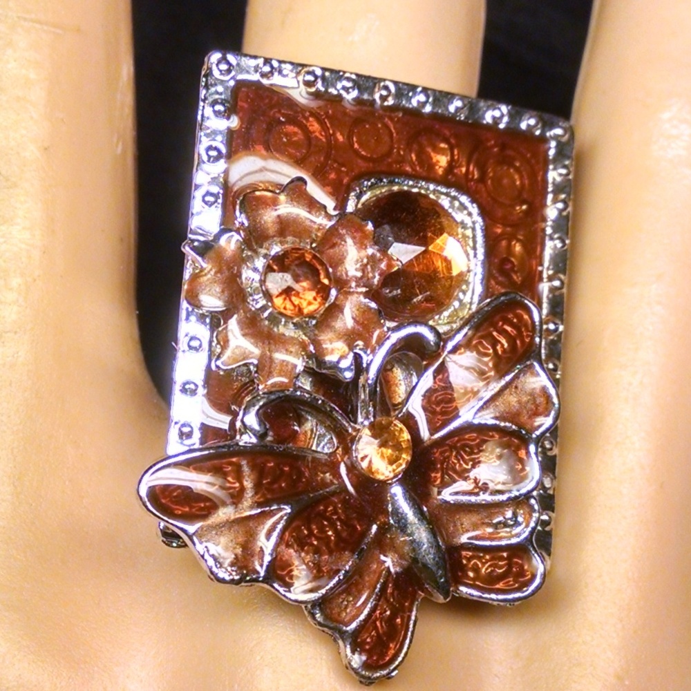 Unusal Rare 3-D Butterfly Flower Rhinestones Ring - Picture 1 of 6